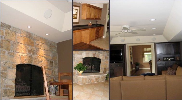 Den Renovation: Bar, Stone Fireplace & Media Wall in Northfield, IL
